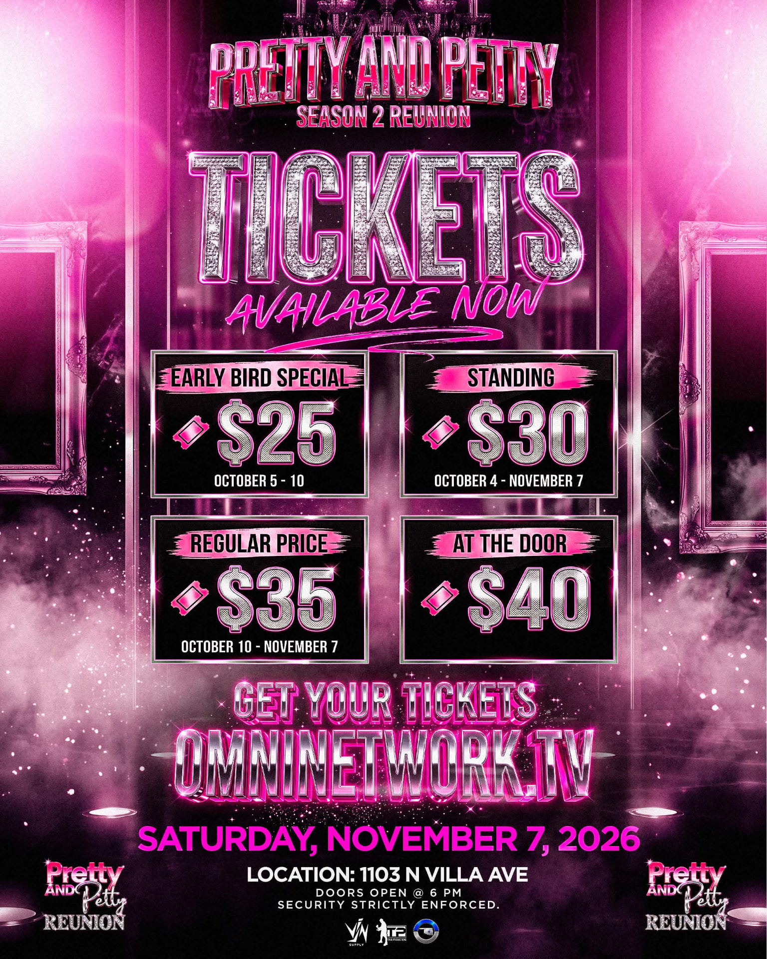 Ticket prices: Early Bird Special $25 October 5–10; Standing $30 October 4–November 7; Regular Price $35 October 10–November 7; At the Door $40.